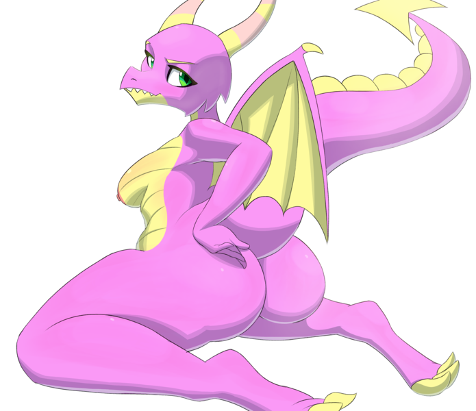 Size: 4066x3508 | Tagged: questionable, artist:ahobobo, derpibooru import, scales (character), anthro, dragon, breasts, butt, female, high res, image, large butt, looking at you, looking back, looking back at you, nipples, nudity, png, simple background, solo, solo female, white background