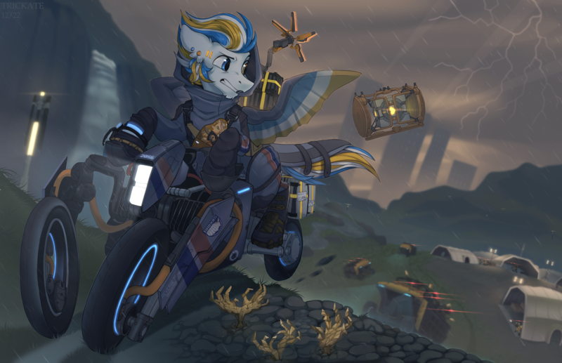 Size: 3000x1938 | Tagged: safe, artist:trickate, derpibooru import, oc, oc:alan, oc:trickate, unofficial characters only, pegasus, pony, death stranding, image, male, motorcycle, png, portal (valve), rain, solo, stallion, truck, vehicle