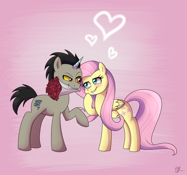 Size: 3200x3000 | Tagged: safe, artist:nyctophelia, derpibooru import, discord, fluttershy, ponified, pegasus, pony, unicorn, blushing, bouquet, discoshy, duo, female, flower, heart, high res, image, male, mare, mouth hold, png, pony discord, shipping, stallion, straight
