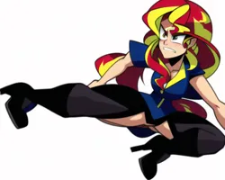 Size: 640x512 | Tagged: suggestive, derpibooru import, machine learning generated, novelai, stable diffusion, sunset shimmer, equestria girls, boots, clothes, double dragon, high heel boots, image, kick, martial arts, png, shoes