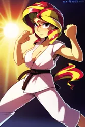 Size: 512x768 | Tagged: safe, derpibooru import, machine learning generated, novelai, stable diffusion, sunset shimmer, equestria girls, big breasts, breasts, busty sunset shimmer, cleavage, female, image, karate, martial arts, png, solo