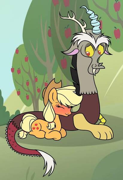 Size: 1024x1496 | Tagged: artist needed, safe, derpibooru import, applejack, discord, draconequus, earth pony, pony, applecord, blushing, crack shipping, female, image, jpeg, male, shipping, straight, sweet apple acres