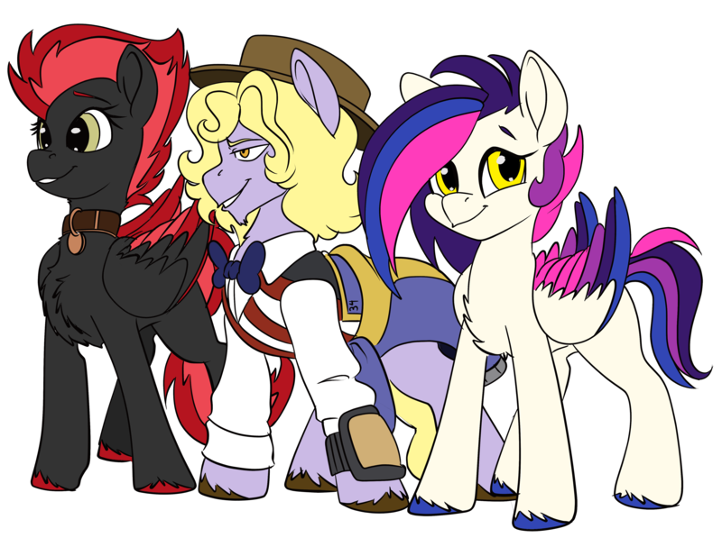 Size: 4408x3288 | Tagged: safe, artist:brainiac, derpibooru import, oc, oc:cinder blaze, oc:lefty, oc:risky, earth pony, pegasus, pony, derpibooru community collaboration, fallout equestria, 2023 community collab, female, image, male, mare, png, simple background, stallion, transparent background