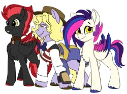 Size: 4408x3288 | Tagged: safe, artist:brainiac, derpibooru import, oc, oc:cinder blaze, oc:lefty, oc:risky, earth pony, pegasus, pony, derpibooru community collaboration, fallout equestria, 2023 community collab, female, image, male, mare, png, simple background, stallion, transparent background