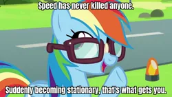 Size: 1280x720 | Tagged: safe, derpibooru import, edit, edited screencap, screencap, rainbow dash, pegasus, pony, newbie dash, behaving like twilight sparkle, caption, egghead, egghead dash, glasses, image, image macro, jeremy clarkson, jpeg, reading rainboom, road, solo, tape, text