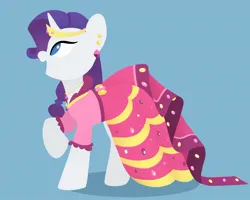 Size: 1280x1025 | Tagged: safe, artist:melodylibris, derpibooru import, rarity, pony, unicorn, blue background, clothes, dress, ear piercing, earring, female, gala dress, image, jewelry, jpeg, lineless, looking up, mare, open mouth, open smile, piercing, profile, raised hoof, simple background, smiling, solo, tiara
