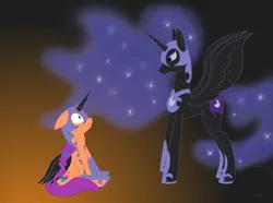 Size: 3888x2894 | Tagged: safe, artist:fizzban08, derpibooru import, nightmare moon, sunny starscout, alicorn, earth pony, pony, clothes, cosplay, costume, duo, duo female, female, g4, g5, g5 to g4, generation leap, height difference, high res, image, nightmare moon armor, nightmare night costume, nightmare sunny, png, sitting, slim, standing, tall