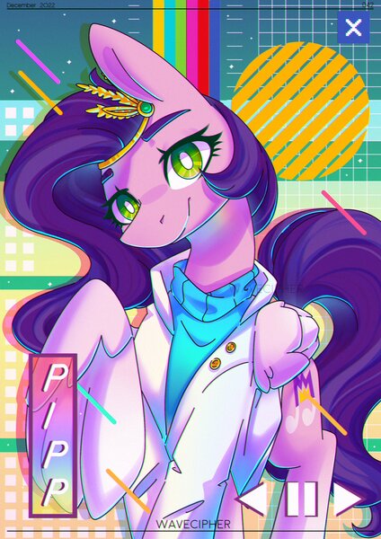 Size: 2480x3508 | Tagged: safe, artist:musicfirewind, derpibooru import, pipp petals, pegasus, pony, abstract background, clothes, female, g5, image, jpeg, lab coat, looking at you, mare, solo, white pupils