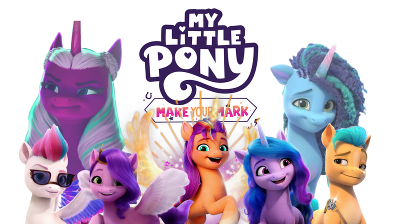 Size: 1365x765 | Tagged: safe, derpibooru import, hitch trailblazer, izzy moonbow, opaline, pipp petals, sunny starscout, zipp storm, alicorn, earth pony, pegasus, pony, unicorn, g5, my little pony: a new generation, my little pony: make your mark, spoiler:g5, spoiler:my little pony: make your mark, i can't believe it's not hasbro studios, image, misty brightdawn, png, race swap, simple background, sunglasses, sunnycorn, white background