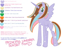 Size: 834x630 | Tagged: safe, artist:missmccloud, derpibooru import, oc, oc:princess lavender sunset fox, unofficial characters only, alicorn, pony, female, image, lidded eyes, mare, mary sue, meme, parody, png, smiling, solo, sparkles, spread wings, wings