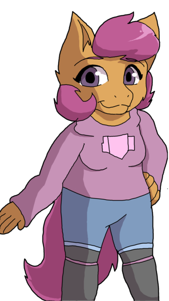 Size: 1749x3102 | Tagged: safe, artist:missmccloud, derpibooru import, scootaloo, anthro, pegasus, clothes, female, hand on hip, image, looking at you, png, simple background, smiling, solo, white background