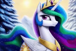 Size: 1920x1280 | Tagged: safe, derpibooru import, editor:dovakkins, machine learning generated, purplesmart.ai, stable diffusion, princess celestia, alicorn, pony, beautiful, crown, cute, female, forest, forest background, image, jewelry, looking back, mare, peytral, png, regalia, smiling, snow, solo, tree, winter