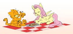 Size: 1280x591 | Tagged: safe, artist:chub-wub, derpibooru import, fluttershy, cat, pegasus, pony, crossover, cute, duo, eating, eyes closed, female, food, fork, garfield, grin, image, jpeg, lasagna, lying down, male, mare, missing cutie mark, open mouth, pasta, picnic, picnic blanket, prone, shyabetes, simple background, smiling, white background