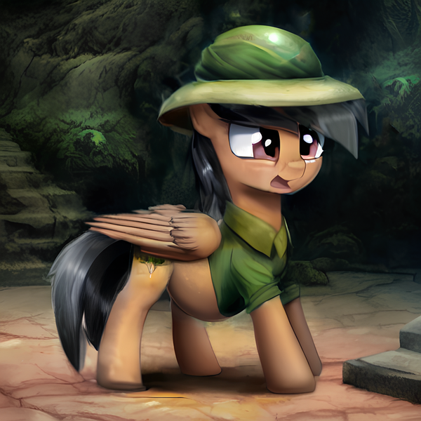 Size: 1024x1024 | Tagged: safe, derpibooru import, machine learning generated, daring do, pegasus, pony, daring do costume, image, outdoors, png, pregnant, solo