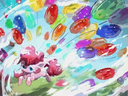 Size: 2160x1620 | Tagged: safe, artist:lendftcn, derpibooru import, pinkie pie, pegasus, pony, balloon, female, film grain, floating, high angle, image, jpeg, mare, solo, then watch her balloons lift her up to the sky