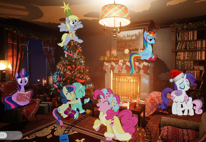 Size: 1073x740 | Tagged: safe, artist:caliazian, artist:glitchking123, artist:ironm17, artist:kehrminator, artist:slb94, derpibooru import, bon bon, derpy hooves, lyra heartstrings, pinkie pie, rainbow dash, rarity, sweetie belle, sweetie drops, twilight sparkle, a hearth's warming tail, antlers, book, christmas, cute, hat, holiday, image, png, red nose, santa hat