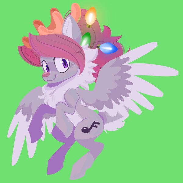 Size: 2048x2048 | Tagged: safe, artist:pastacrylic, derpibooru import, oc, oc:sawtooth waves, unofficial characters only, deer, deer pony, original species, peryton, christmas, christmas lights, green background, holiday, image, jpeg, simple background, smiling, solo, species swap