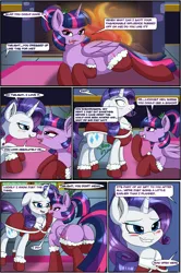 Size: 3435x5167 | Tagged: safe, artist:novaspark, derpibooru import, part of a set, rarity, twilight sparkle, alicorn, pony, unicorn, art pack:festive feasting, 2021, alternate hairstyle, butt, christmas, clothes, comic, female, holiday, image, imminent vore, lesbian, lipstick, mare, mistletoe, old art, png, ponytail, rarilight, shipping, socks