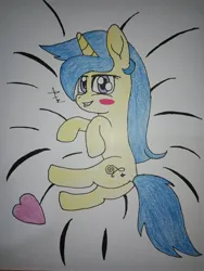 Size: 3120x4160 | Tagged: safe, artist:farhan1250, derpibooru import, octavia melody, oc, oc:starlightmelody, pony, unicorn, bed, blushing, butt, female, heart, horn, image, jpeg, looking at you, looking back, plot, simple background, solo, traditional art