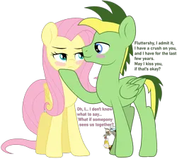 Size: 4587x4137 | Tagged: safe, artist:didgereethebrony, artist:lisa-germany188yt, derpibooru import, discord, fluttershy, oc, oc:didgeree, draconequus, pegasus, pony, base used, blushing, canon x oc, confession, image, png, shipping, simple background, this will end in tears, trace, transparent background