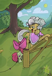 Size: 1012x1480 | Tagged: safe, artist:overlord pony, derpibooru import, apple bloom, goldie delicious, earth pony, pony, bow, cape, clothes, cottagecore, family, fence, image, mountain, png, talking, tree