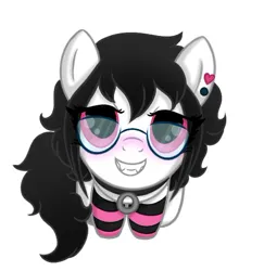 Size: 546x561 | Tagged: safe, artist:foxx_grey_art, derpibooru import, part of a set, oc, unofficial characters only, earth pony, pony, badumsquish's kitties, black mane, blushing, clothes, collar, commission, glasses, image, jpeg, looking at you, looking up, looking up at you, simple background, sitting, smiling, socks, solo, stockings, striped socks, thigh highs, white background, white coat, ych result