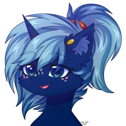Size: 1500x1500 | Tagged: safe, artist:leah minik, derpibooru import, oc, oc:novus flux, unofficial characters only, pony, unicorn, bust, commission, cute, ear fluff, ear piercing, earring, eye clipping through hair, eyebrows, eyebrows visible through hair, female, freckles, heart, heart eyes, horn, image, jewelry, looking away, mare, open mouth, open smile, piercing, png, ponytail, portrait, simple background, smiling, solo, two toned mane, unicorn oc, white background, wingding eyes