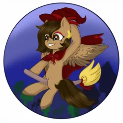 Size: 1280x1280 | Tagged: safe, artist:foxx_grey_art, derpibooru import, oc, oc:hazelnut brew, unofficial characters only, pegasus, pony, accessories, broom, brown mane, cape, clothes, female, flying, flying broomstick, hat, image, jpeg, mare, night, pegasus oc, solo, spread wings, wings, witch, witch costume, witch hat
