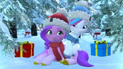 Size: 3840x2160 | Tagged: safe, artist:owlpirate, derpibooru import, pipp petals, zipp storm, pegasus, pony, g5, 3d, 4k, christmas, clothes, duo, female, hat, high res, holiday, image, looking at each other, looking at someone, lying down, mare, png, present, prone, royal sisters (g5), scarf, siblings, sisters, smiling, smiling at each other, snow, snowfall, snowman, source filmmaker