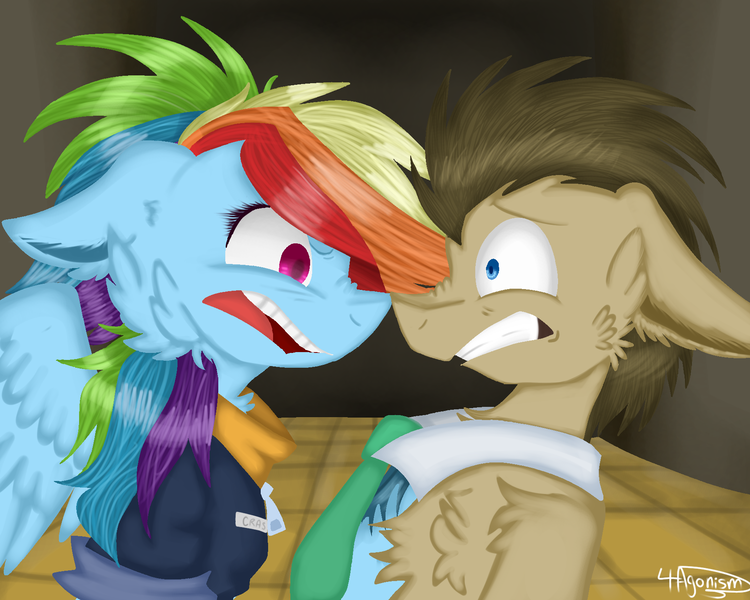Size: 1821x1457 | Tagged: safe, artist:4agonism, derpibooru import, doctor whooves, rainbow dash, time turner, earth pony, pegasus, pony, angry, boop, cheek fluff, chest fluff, clothes, duo, eyelashes, female, floppy ears, image, looking at each other, looking at someone, male, mare, name tag, necktie, nose wrinkle, noseboop, older, older doctor whooves, older rainbow dash, png, ponytail, rainbow crash, raised hoof, scared, shoulder fluff, side view, signature, spread wings, stallion, unshorn fetlocks, wing fluff, wingboner, wings, wonderbolts, zipper