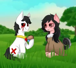 Size: 1280x1147 | Tagged: safe, artist:foxx_grey_art, derpibooru import, oc, oc:black fox, unofficial characters only, earth pony, black mane, blood, clothes, crying, earth pony oc, food, grass, grass field, image, jpeg, muffin, smiling, tears of blood, white coat