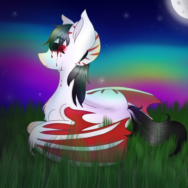 Size: 1378x1378 | Tagged: safe, artist:foxx_grey_art, derpibooru import, oc, oc:black fox, bat pony, pony, aurora borealis, bat pony oc, bat wings, black mane, blood, crying, grass, grass field, horns, image, jpeg, lying, lying down, moon, red eyes, tears of blood, white coat, wings