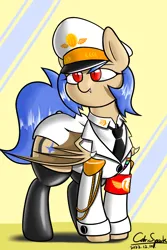 Size: 4000x6000 | Tagged: safe, artist:cdrspark, derpibooru import, oc, oc:lunar saintly, unofficial characters only, bat pony, blue mane, cap, clothes, fangs, female, hat, image, latex, latex stockings, military, military uniform, png, red eyes, rubber boots, signature, simple background, socks, solo, solo female, stockings, thigh highs, u.d.c.e., uniform