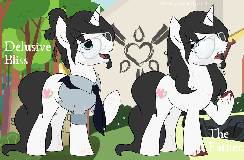 Size: 6100x4000 | Tagged: safe, artist:pencilsparkreignited, derpibooru import, oc, oc:delusive bliss, unofficial characters only, pony, unicorn, alternate expressions, alternate hairstyle, background, black mane, blood, blue eyes, broken glasses, carving, carvings, church, clothes, cult, cult leader, glasses, hair bun, handkerchief, image, long tail, male, messy mane, png, reference sheet, scar, scarf, scarred, simple background, stallion, stallion oc, stubble, symbol, tail, white coat