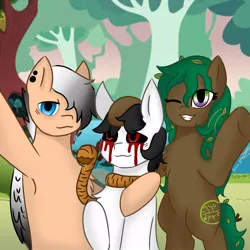 Size: 1000x1000 | Tagged: semi-grimdark, artist:foxx_grey_art, derpibooru import, oc, oc:black fox, oc:colin grey, oc:formione, unofficial characters only, earth pony, pegasus, blood, brown coat, brown mane, crying, image, jpeg, noose, red eyes, tears of blood, waving, white coat