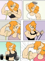 Size: 2004x2682 | Tagged: safe, artist:matchstickman, derpibooru import, pear butter, anthro, earth pony, comic:the other side, abs, biceps, breasts, busty pear butter, clothes, comic, dumbbell (object), exercise, female, flexing, flexing muscles, image, measuring tape, muscle growth, muscles, muscular female, pear buffer, png, solo, solo female, sweat, weight lifting, weights, workout