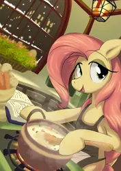 Size: 2480x3508 | Tagged: safe, artist:neoshrek, derpibooru import, fluttershy, pegasus, pony, cooking, image, jpeg, kitchen, looking at you, smiling, solo, stove