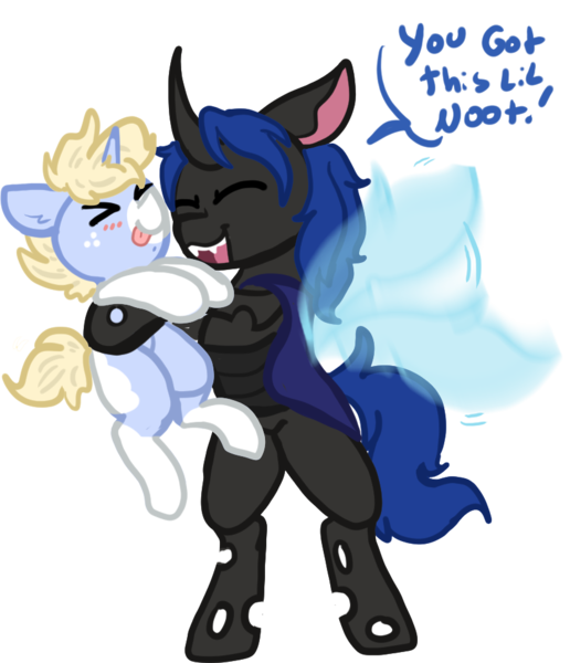 Size: 830x966 | Tagged: safe, artist:nootaz, derpibooru import, oc, oc:nootaz, oc:swift dawn, unofficial characters only, changeling, pony, unicorn, blue changeling, changeling oc, commission, cute, dialogue, duo, eyes closed, fangs, fluttering, freckles, holding a pony, horn, image, male, open mouth, png, simple background, small pony, smiling, stallion, tongue out, transparent background, unicorn oc