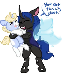 Size: 830x966 | Tagged: safe, artist:nootaz, derpibooru import, oc, oc:nootaz, oc:swift dawn, unofficial characters only, changeling, pony, unicorn, blue changeling, changeling oc, commission, cute, dialogue, duo, eyes closed, fangs, fluttering, freckles, holding a pony, horn, image, male, open mouth, png, simple background, small pony, smiling, stallion, tongue out, transparent background, unicorn oc