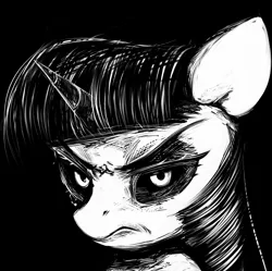Size: 1500x1491 | Tagged: safe, artist:some_ponu, derpibooru import, twilight sparkle, pony, ambiguous race, angry, black and white, bust, frown, grayscale, image, jpeg, monochrome, solo