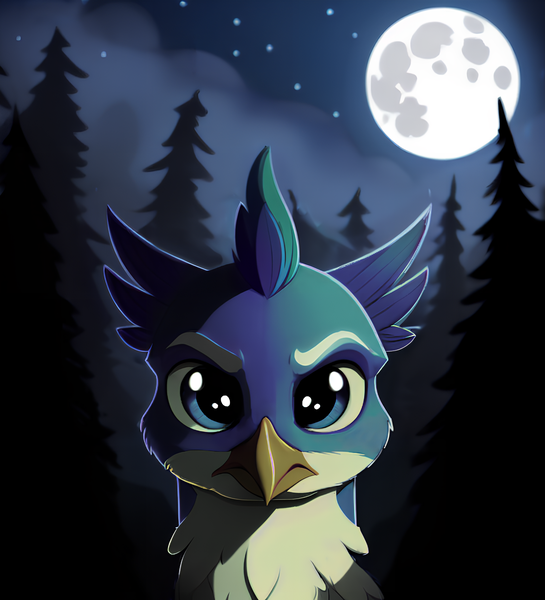 Size: 1370x1508 | Tagged: safe, derpibooru import, editor:paracompact, machine learning assisted, machine learning generated, purplesmart.ai, stable diffusion, gallus, forest, forest background, gallus is not amused, image, looking at you, moon, night, png, stars, tree, unamused