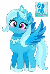 Size: 1396x2048 | Tagged: safe, artist:leo19969525, derpibooru import, idw, trixie, alicorn, pony, reflections, spoiler:comic, alicornified, blushing, crown, ears, ears up, female, hair, horn, image, jewelry, jpeg, mane, mare, pink eyes, princess of humility, race swap, regalia, simple background, smiling, solo, spread wings, tail, trixiecorn, white background, wings