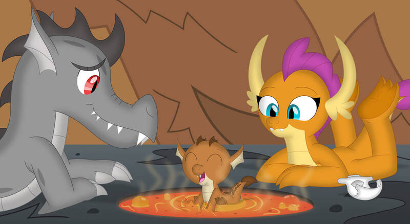 Size: 1208x662 | Tagged: safe, artist:porygon2z, derpibooru import, smolder, oc, oc:draco axel, oc:singe, dragon, bathing, diaper, dracolder, dragoness, family, female, image, jpeg, lava, lava bathing, lava pool, offspring, parent:oc:draco axel, parent:smolder, parents:canon x oc, parents:dracolder