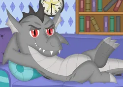 Size: 1061x753 | Tagged: safe, artist:porygon2z, derpibooru import, oc, oc:draco axel, unofficial characters only, dragon, couch, image, implied shipping, implied smolder, jpeg, looking at you, male, smiling, smiling at you, vector