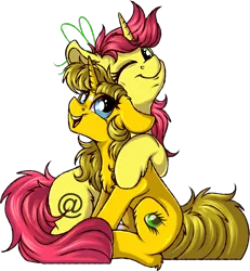 Size: 2571x2785 | Tagged: safe, artist:julunis14, derpibooru import, oc, oc:ayza, oc:baatochan, unofficial characters only, pony, unicorn, derpibooru community collaboration, 2023 community collab, chest fluff, coat markings, couple, ear fluff, facial markings, floppy ears, horn, hug, image, leg fluff, one eye closed, png, ribbon, simple background, sitting, socks (coat marking), star (coat marking), transparent background, unicorn oc, wink