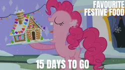 Size: 1920x1080 | Tagged: safe, derpibooru import, edit, edited screencap, editor:quoterific, screencap, pinkie pie, hearth's warming eve (episode), gingerbread house, image, png, solo
