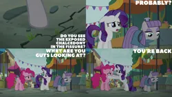 Size: 4400x2475 | Tagged: safe, derpibooru import, edit, edited screencap, editor:quoterific, screencap, colton john, levon song, lucky breaks, maud pie, neigh sayer, pegasus olsen, peggy holstein, pinkie pie, rarity, the gift of the maud pie, image, png