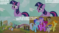 Size: 4400x2475 | Tagged: safe, derpibooru import, edit, edited screencap, editor:quoterific, screencap, applejack, berry punch, berryshine, carrot top, doctor whooves, golden harvest, linky, rarity, sea swirl, seafoam, shoeshine, time turner, tornado bolt, twilight sparkle, it's about time, image, png