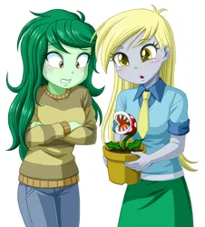 Size: 757x836 | Tagged: safe, artist:uotapo, derpibooru import, edit, derpy hooves, wallflower blush, human, equestria girls, animal crossing, background removed, cropped, crossover, danger, female, image, necktie, nintendo, piranha plant, plant, plant pot, png, simple background, super mario bros., white background