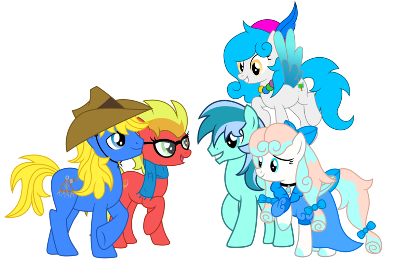 Size: 7179x4763 | Tagged: safe, artist:cosmas-the-explorer, artist:third uncle, derpibooru import, oc, oc:golden horizon, oc:lin xue, oc:third uncle, oc:xing meng, oc:小麦子, unofficial characters only, earth pony, pegasus, pony, derpibooru community collaboration, 2023 community collab, clothes, colored wings, cowboy hat, derpibooru exclusive, dress, female, flying, hat, image, jewelry, looking at each other, looking at someone, male, mare, png, simple background, spread wings, stallion, transparent background, wings
